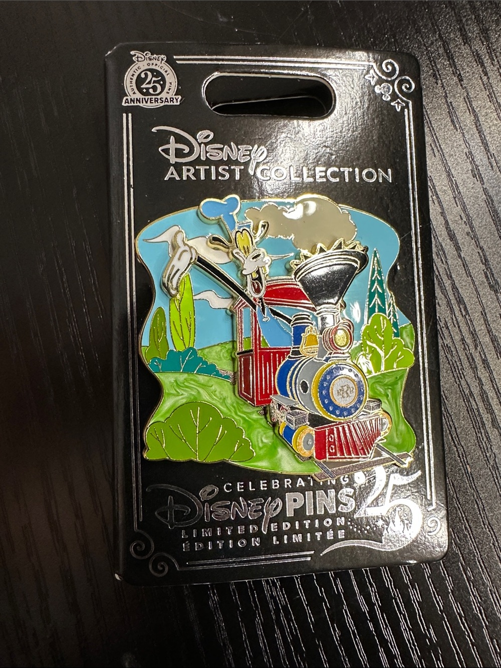 Disney Goofy colorful steam train enamel pin - red, blue, green, gold